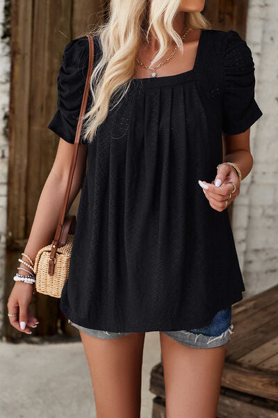 Eyelet Square Neck Puff Sleeve T-Shirt Trendsi