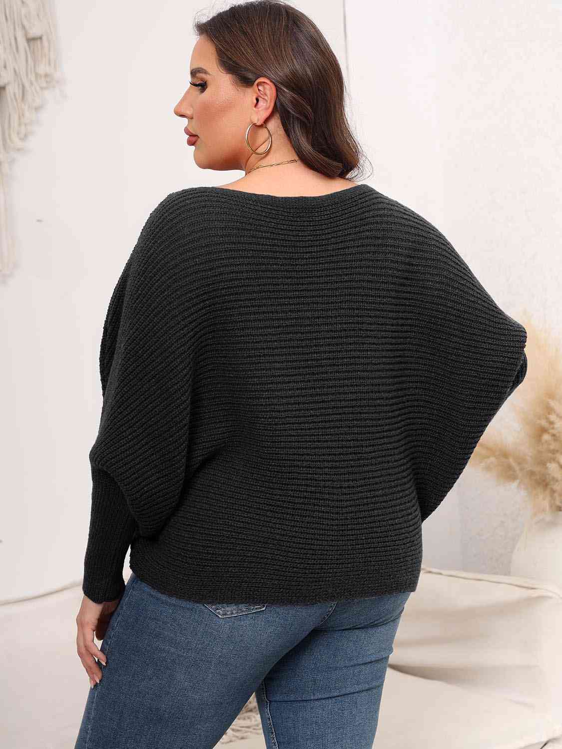 Full Size Boat Neck Batwing Sleeve Sweater BLUE ZONE PLANET