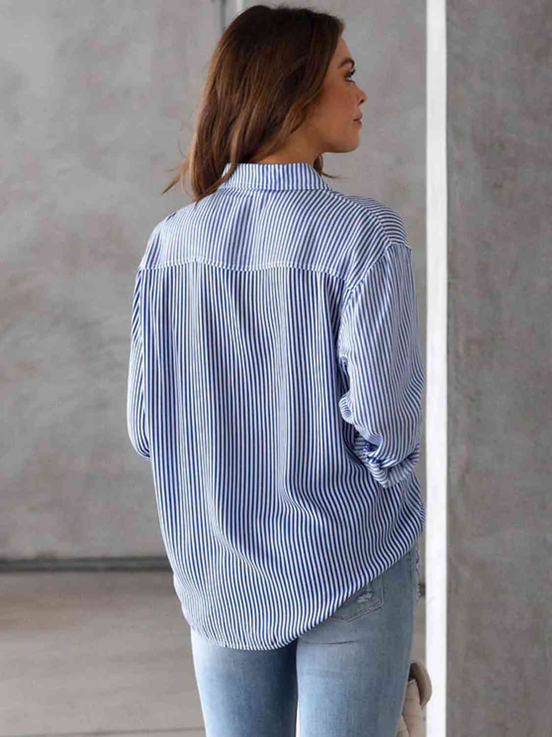 Striped Collared Neck Shirt with Pocket BLUE ZONE PLANET