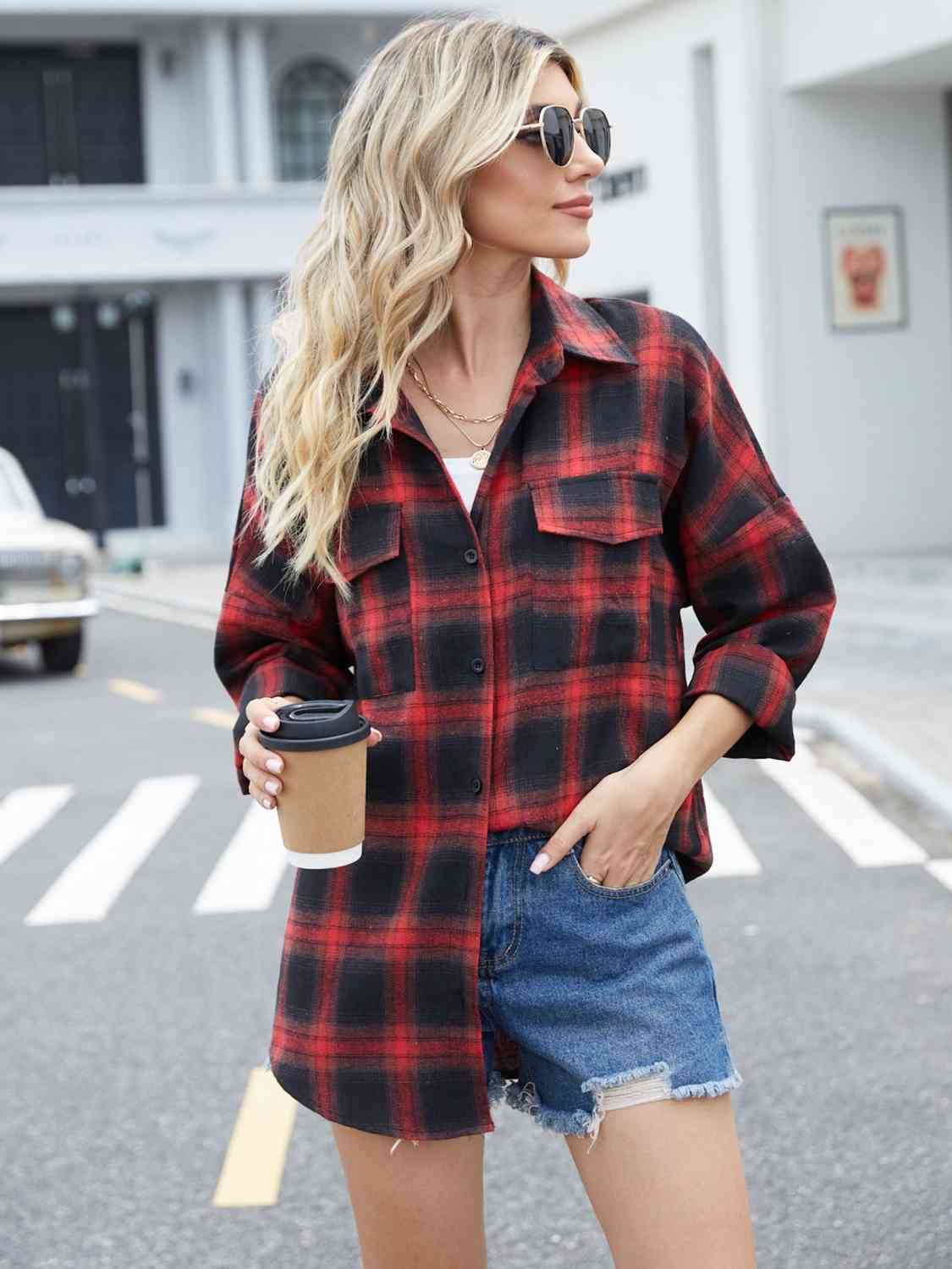 Plaid Collared Neck Button Down Jacket BLUE ZONE PLANET