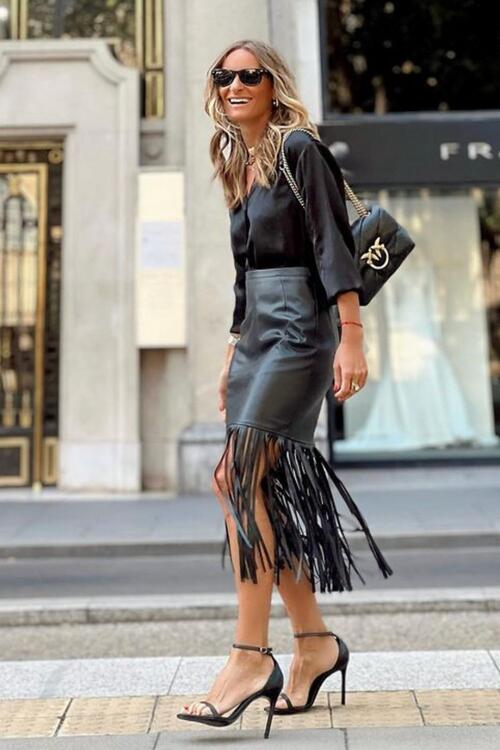 High Waist Fringe Hem Skirt BLUE ZONE PLANET