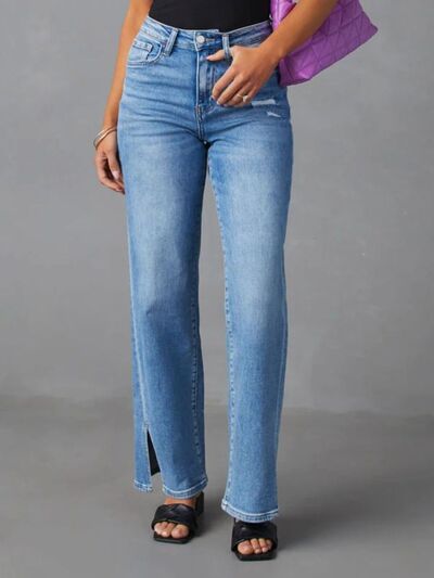 Slit Buttoned Jeans with Pockets BLUE ZONE PLANET