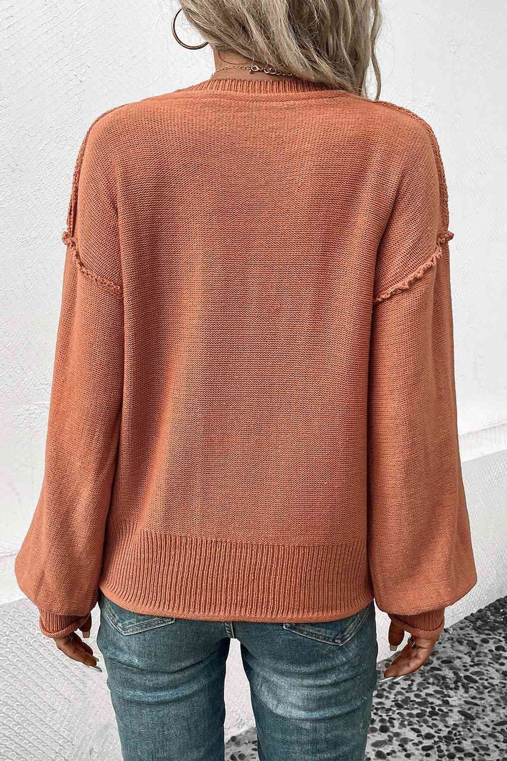 V-Neck Exposed Seam Sweater BLUE ZONE PLANET