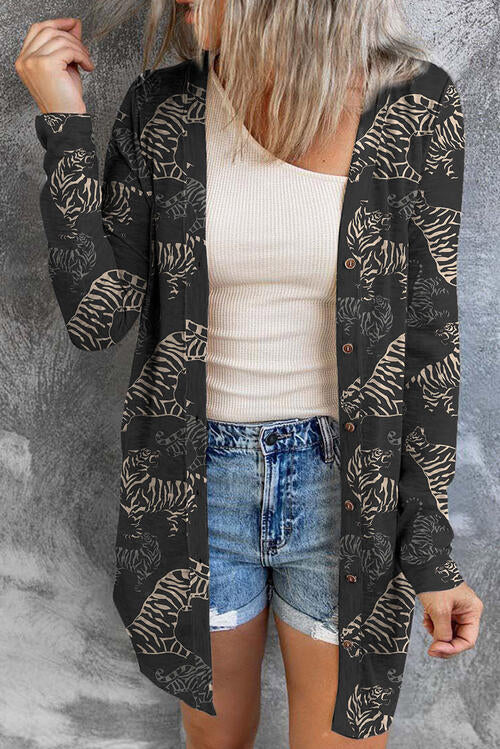 Tiger Print Button Up Long Sleeve Cardigan BLUE ZONE PLANET