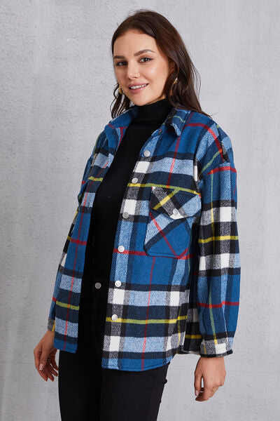 Plaid Button Up Dropped Shoulder Jacket-TOPS / DRESSES-[Adult]-[Female]-2022 Online Blue Zone Planet