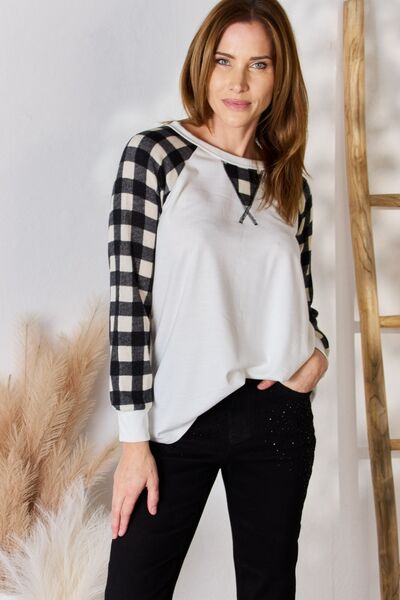 Hailey & Co Full Size Plaid Raglan Sleeve Round Neck Blouse Trendsi