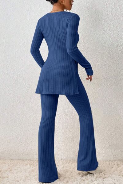 Blue Zone Planet |  Ribbed Long Sleeve Slit Top and Bootcut Pants Set BLUE ZONE PLANET