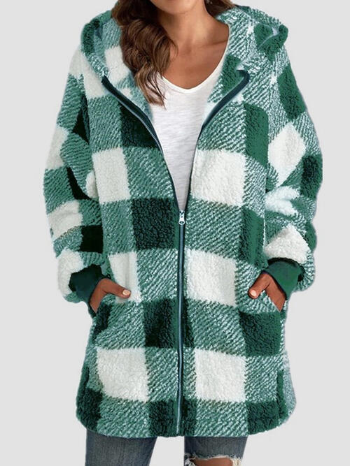 Plaid Zip Up Hooded Jacket with Pockets BLUE ZONE PLANET
