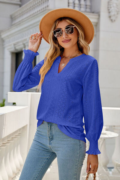 Eyelet Notched Lantern Sleeve T-Shirt Trendsi