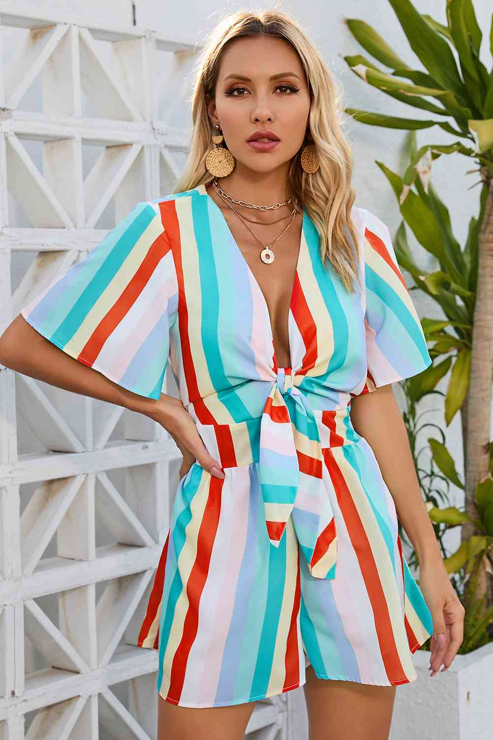 Striped Tie Front Romper BLUE ZONE PLANET