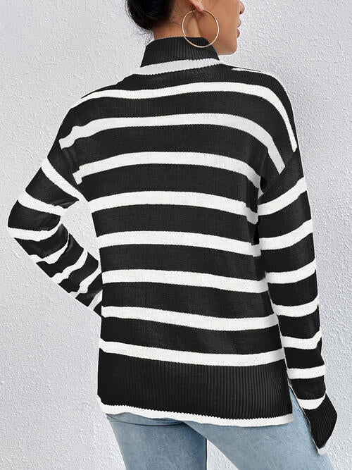 Striped Turtleneck Long Sleeve Sweater BLUE ZONE PLANET