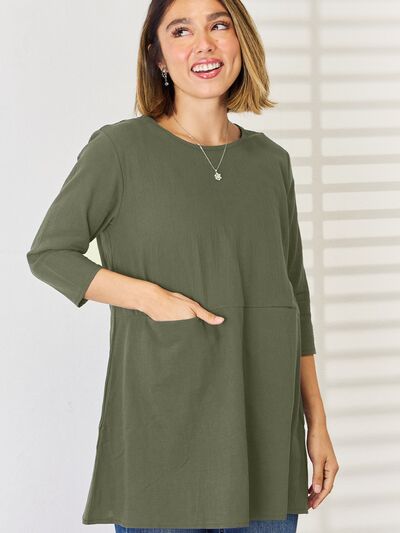 Pocketed Round Neck Half Sleeve Blouse BLUE ZONE PLANET