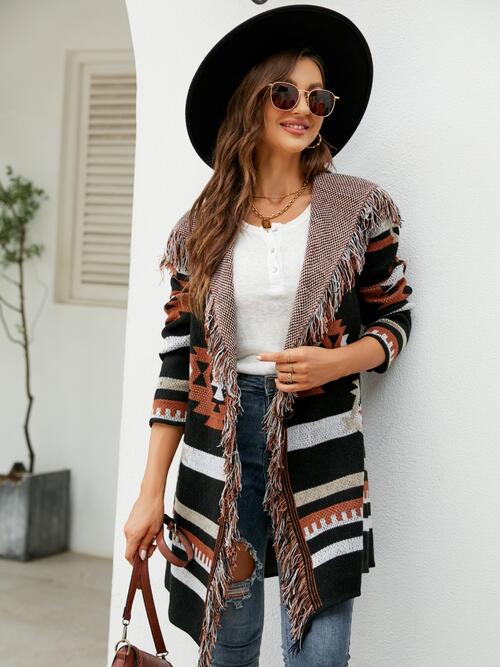 Fringe Geometric Hooded Long Sleeve Cardigan BLUE ZONE PLANET