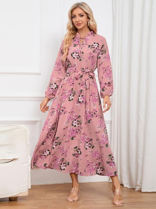 Floral Tie Front Balloon Sleeve Dress BLUE ZONE PLANET