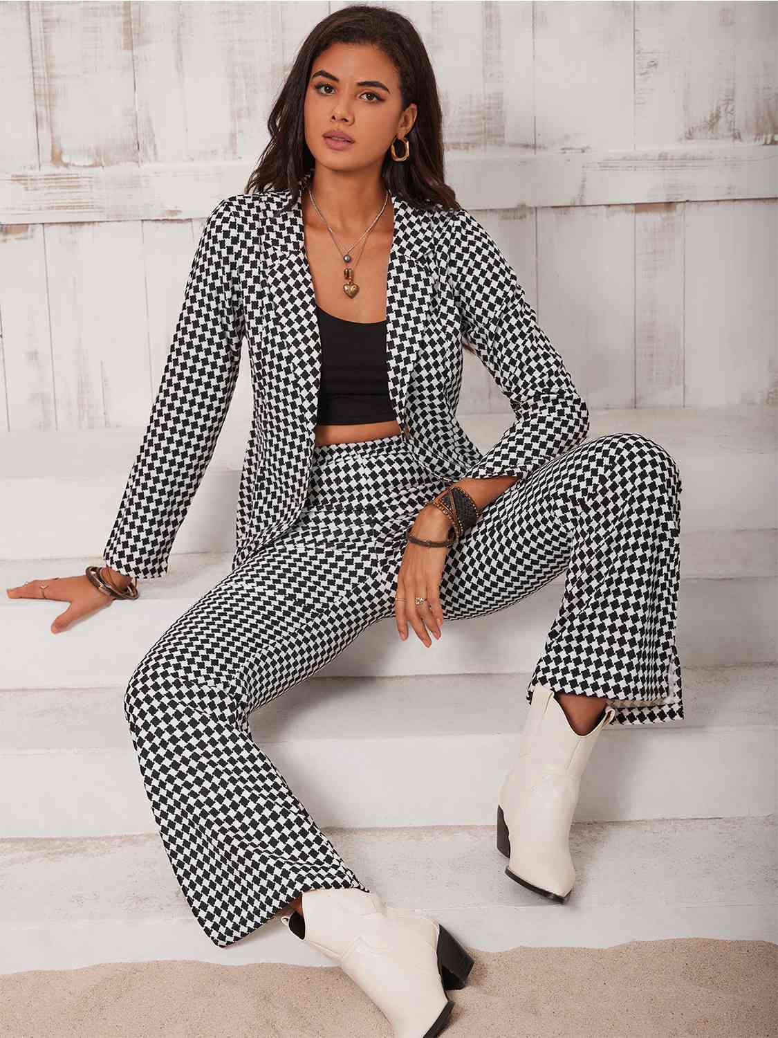 Checkered Blazer & Slit Pants Set BLUE ZONE PLANET