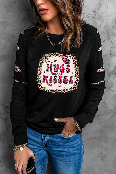 HUGS AND KISSES Leopard Round Neck Sweatshirt-TOPS / DRESSES-[Adult]-[Female]-Black-S-2022 Online Blue Zone Planet