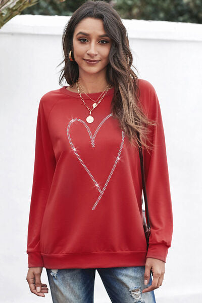 Heart Round Neck Long Sleeve Sweatshirt-TOPS / DRESSES-[Adult]-[Female]-Scarlet-S-2022 Online Blue Zone Planet