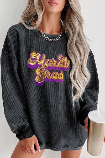 Sequin Mardi Gras Embroidered Round Neck Sweatshirt-TOPS / DRESSES-[Adult]-[Female]-Black-S-2022 Online Blue Zone Planet