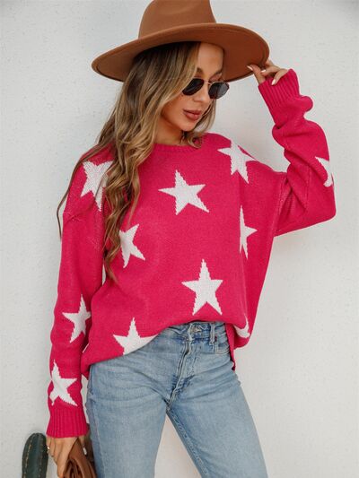 Star Round Neck Dropped Shoulder Sweater BLUE ZONE PLANET