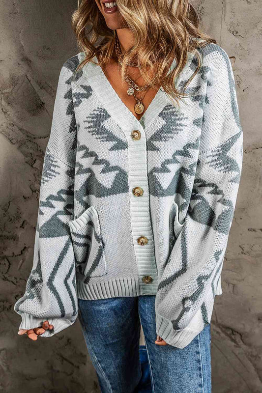 Printed Button Up V-Neck Long Sleeve Cardigan BLUE ZONE PLANET