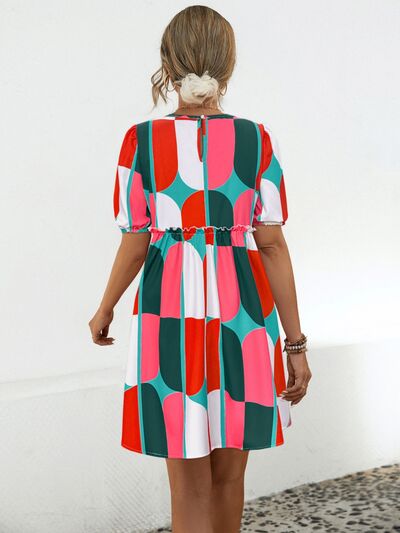 Blue Zone Planet |  Geometric Frill Round Neck Short Sleeve Dress BLUE ZONE PLANET