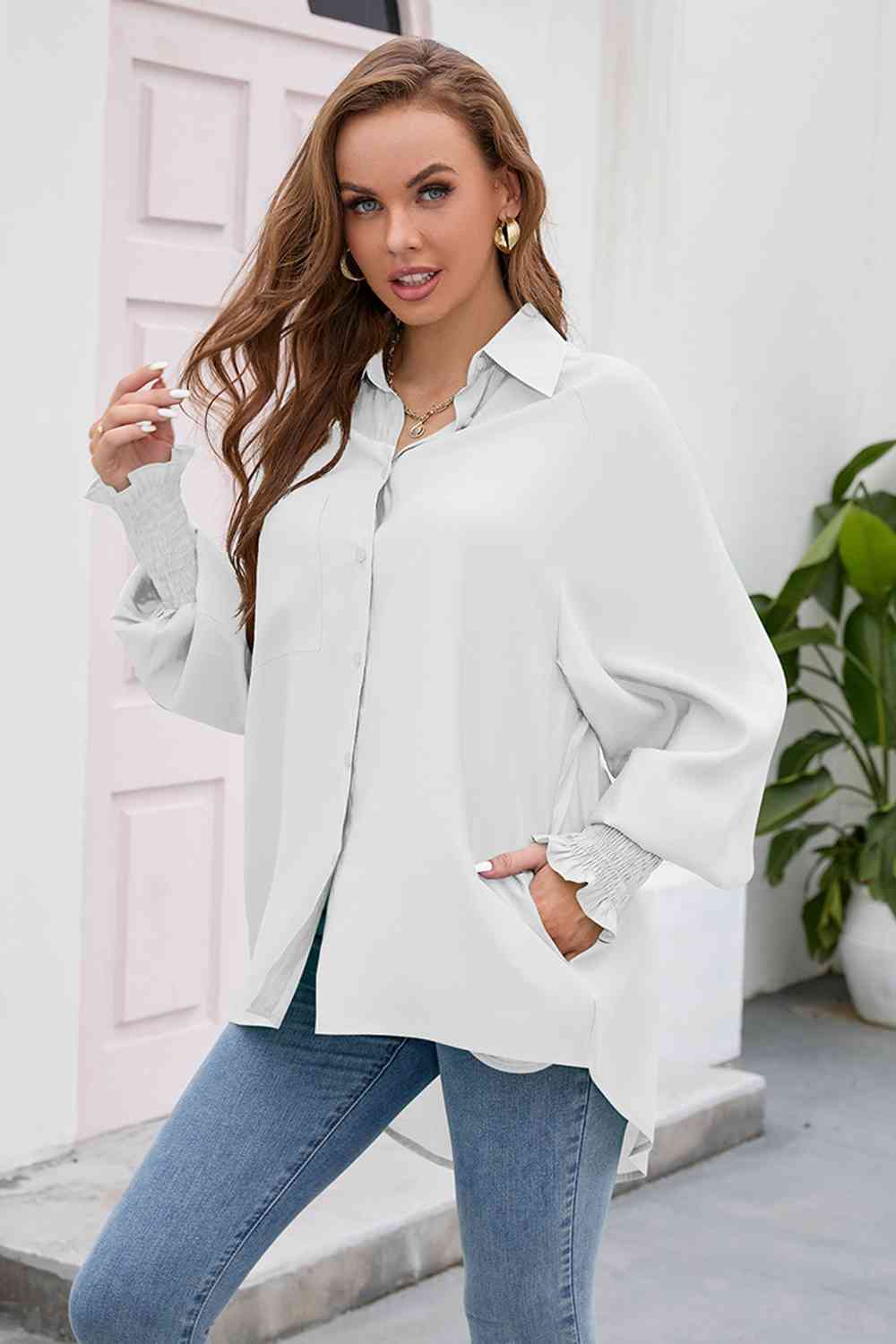 High-Low Collared Neck Lantern Sleeve Shirt BLUE ZONE PLANET