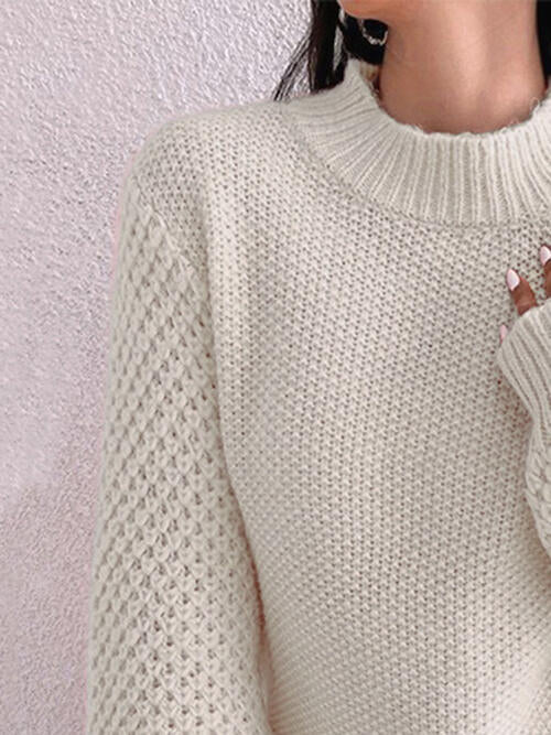 Openwork Mock Neck Long Sleeve Sweater BLUE ZONE PLANET