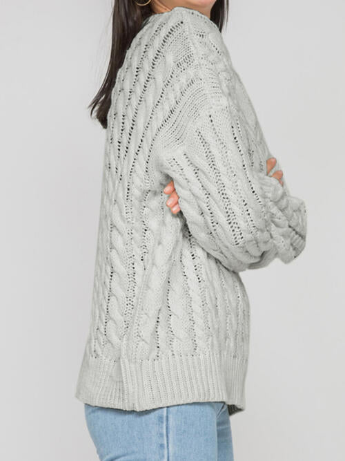 Openwork Round Sleeve Cable-Knit Sweater BLUE ZONE PLANET