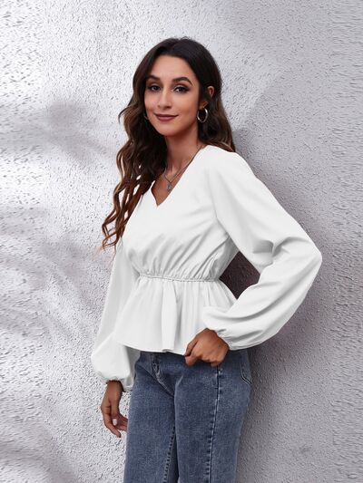 V-Neck Balloon Sleeve Peplum Blouse BLUE ZONE PLANET