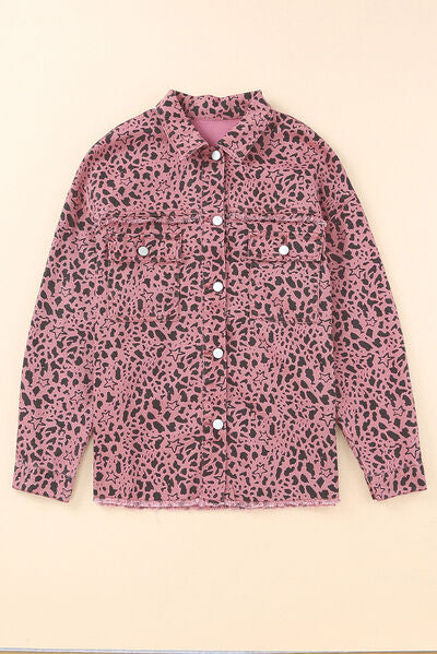 Leopard Raw Hem Button Up Denim Jacket BLUE ZONE PLANET