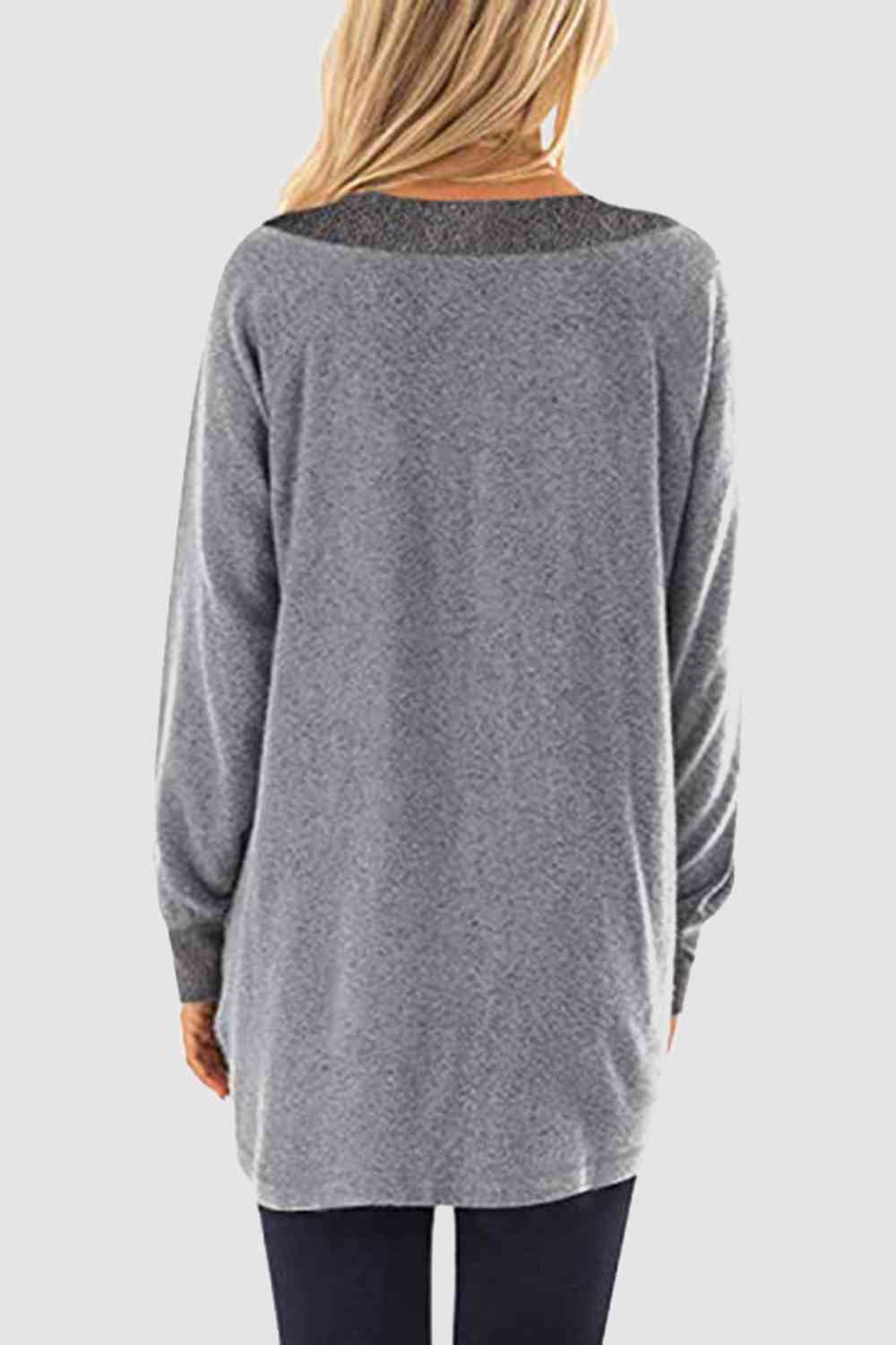 V-Neck Long Sleeve Sweatshirt with Pockets BLUE ZONE PLANET