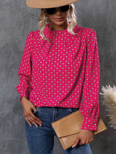 Geometric Mock Neck Long Sleeve Blouse Trendsi