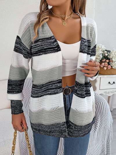 Openwork Striped Open Front Cardigan BLUE ZONE PLANET