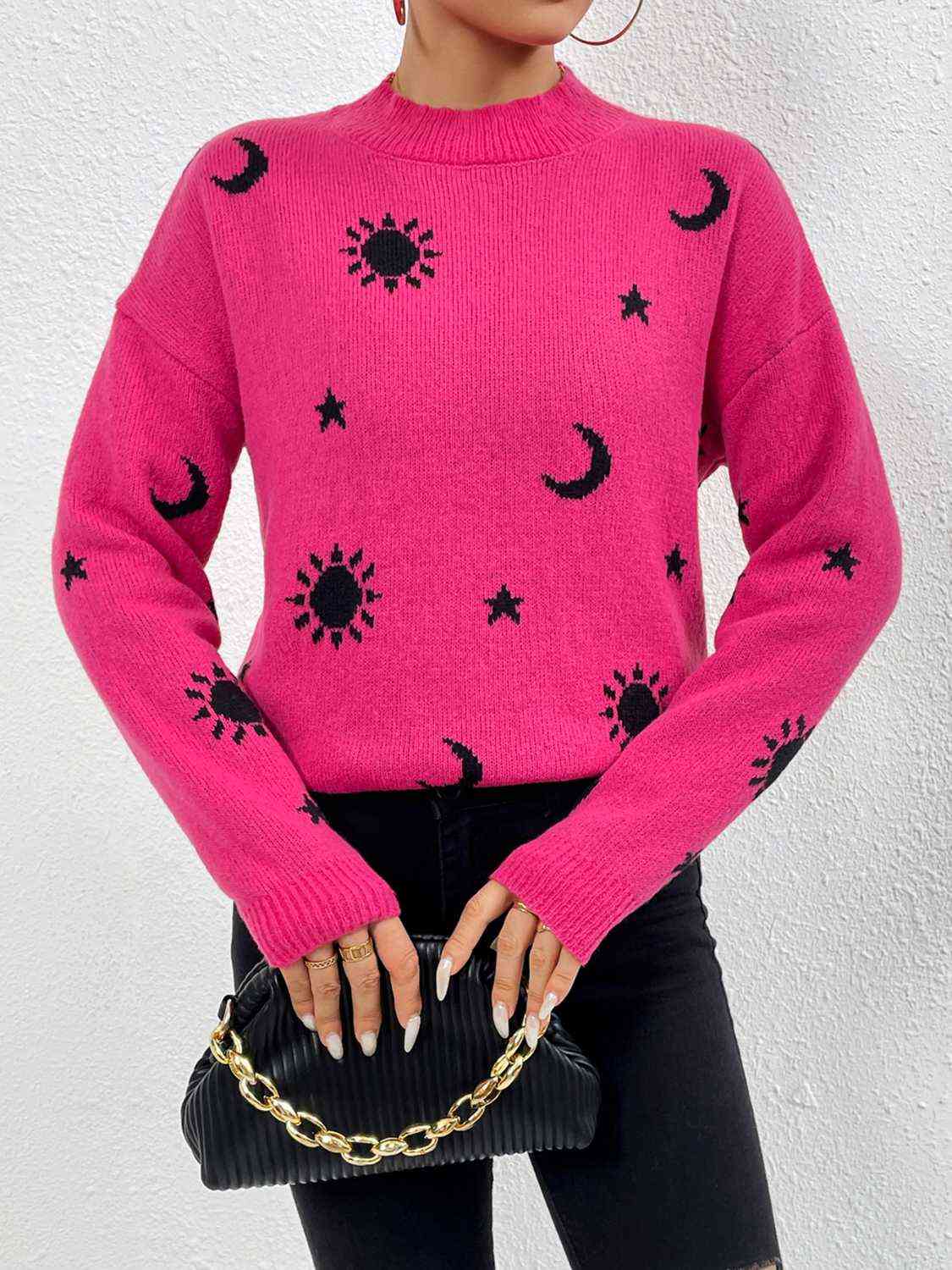 Patterned Drop Shoulder Sweater BLUE ZONE PLANET