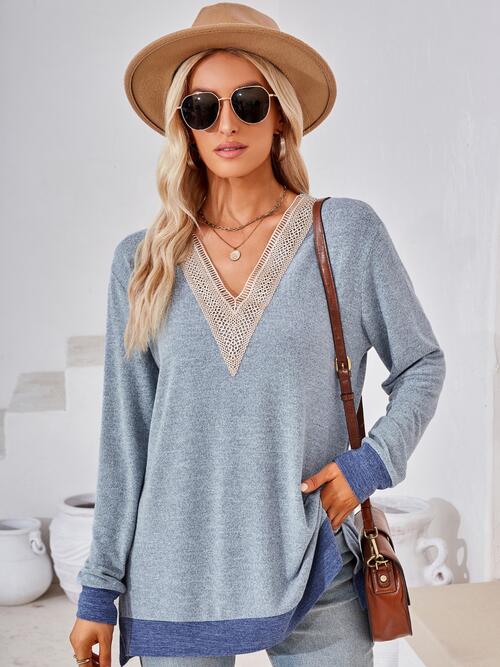 Crochet Contrast V-Neck Long Sleeve Slit T-Shirt BLUE ZONE PLANET