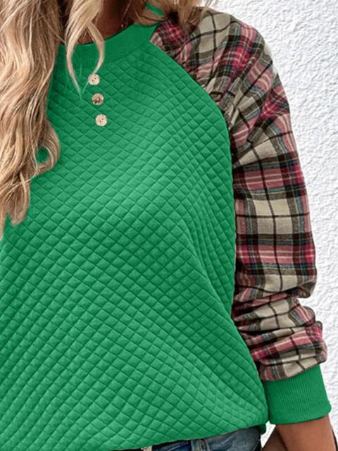 Plaid Round Neck Sweatshirt BLUE ZONE PLANET