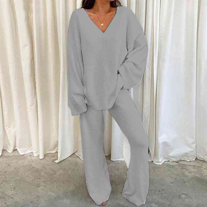 V-Neck Long Sleeve Top and Long Pants Set BLUE ZONE PLANET