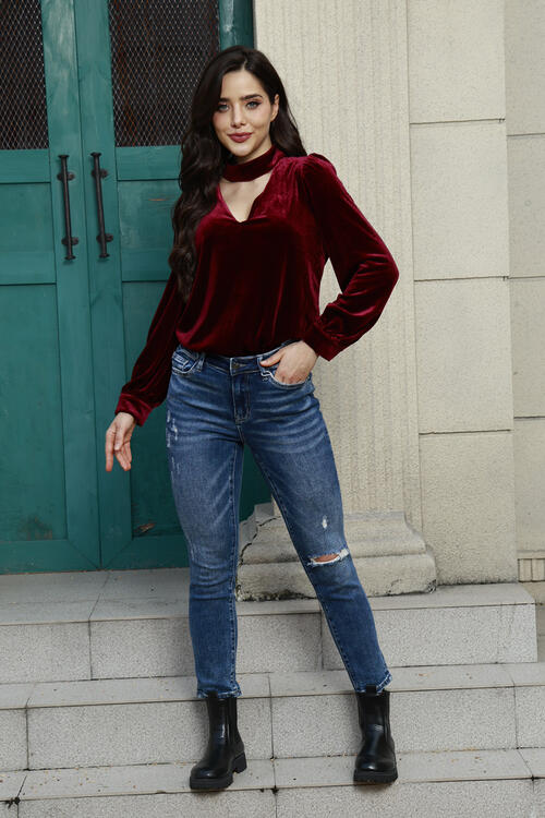 Cutout Puff Sleeve Velvet Blouse BLUE ZONE PLANET