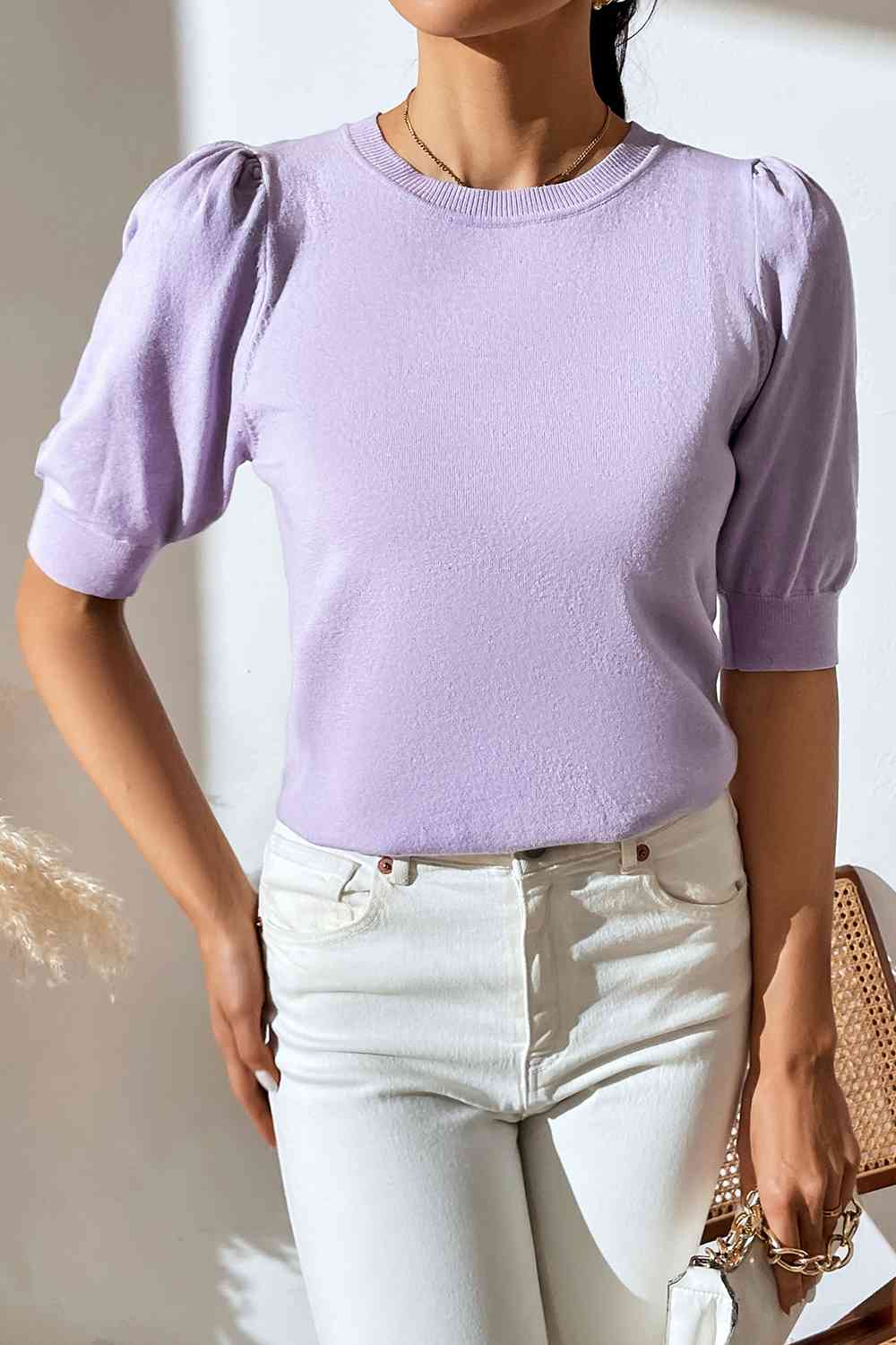 Round Neck Puff Sleeve Knit Top BLUE ZONE PLANET