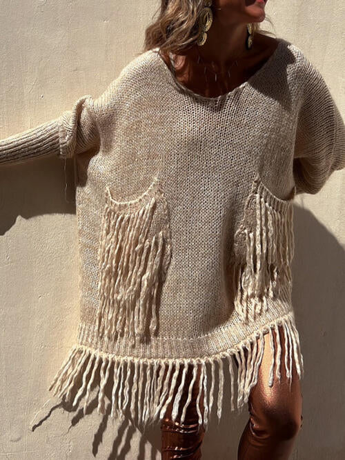 Fringe Detail Long Sleeve Sweater with Pockets BLUE ZONE PLANET