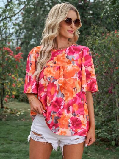 Printed Round Neck Half Sleeve Blouse Trendsi