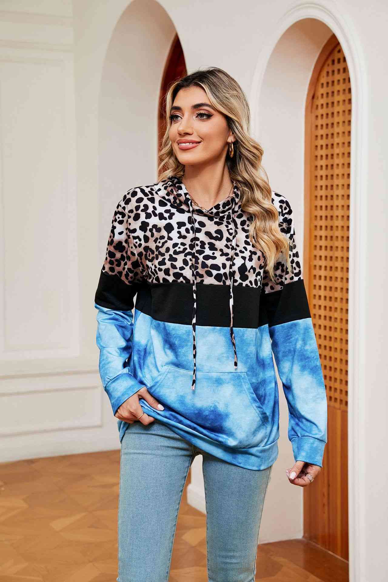 Leopard Drawstring Hoodie with Pocket BLUE ZONE PLANET