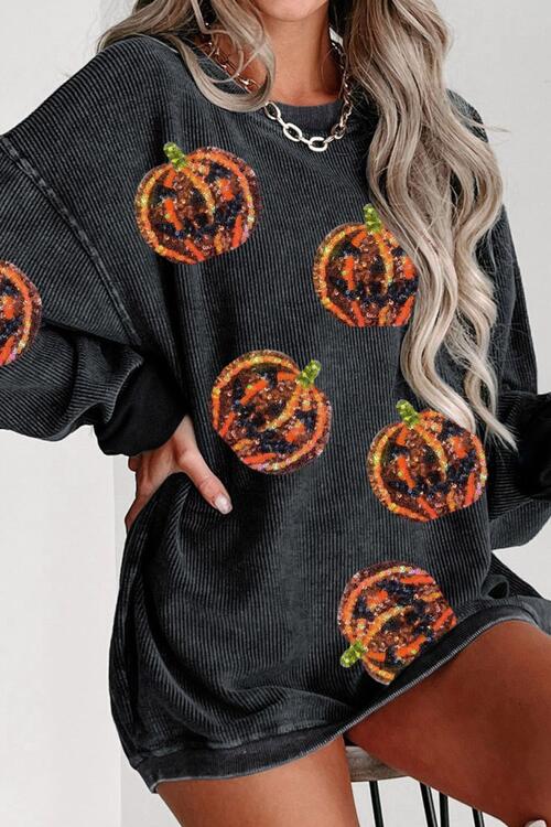 Sequin Patch Pumpkin Round Neck Sweatshirt BLUE ZONE PLANET