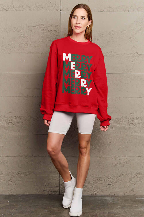 Simply Love Full Size MERRY Long Sleeve Sweatshirt BLUE ZONE PLANET