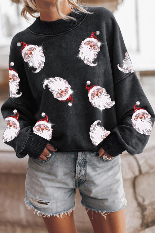 Sequin Santa Round Neck Drop Shoulder Sweatshirt BLUE ZONE PLANET