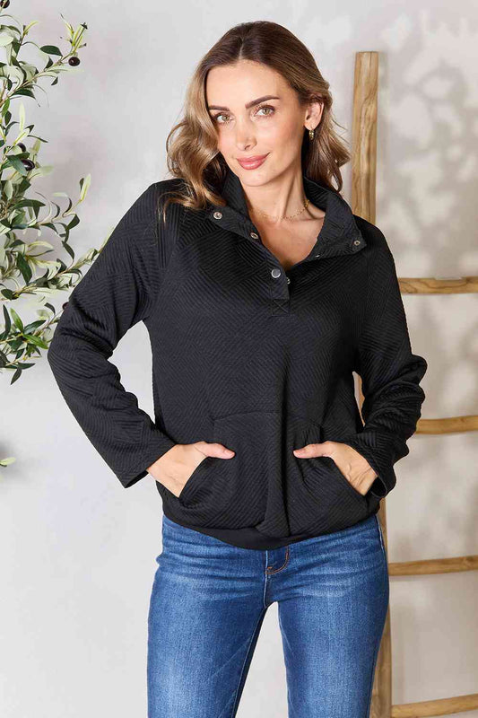 Double Take Half Buttoned Collared Neck Sweatshirt with Pocket-TOPS / DRESSES-[Adult]-[Female]-Black-S-2022 Online Blue Zone Planet