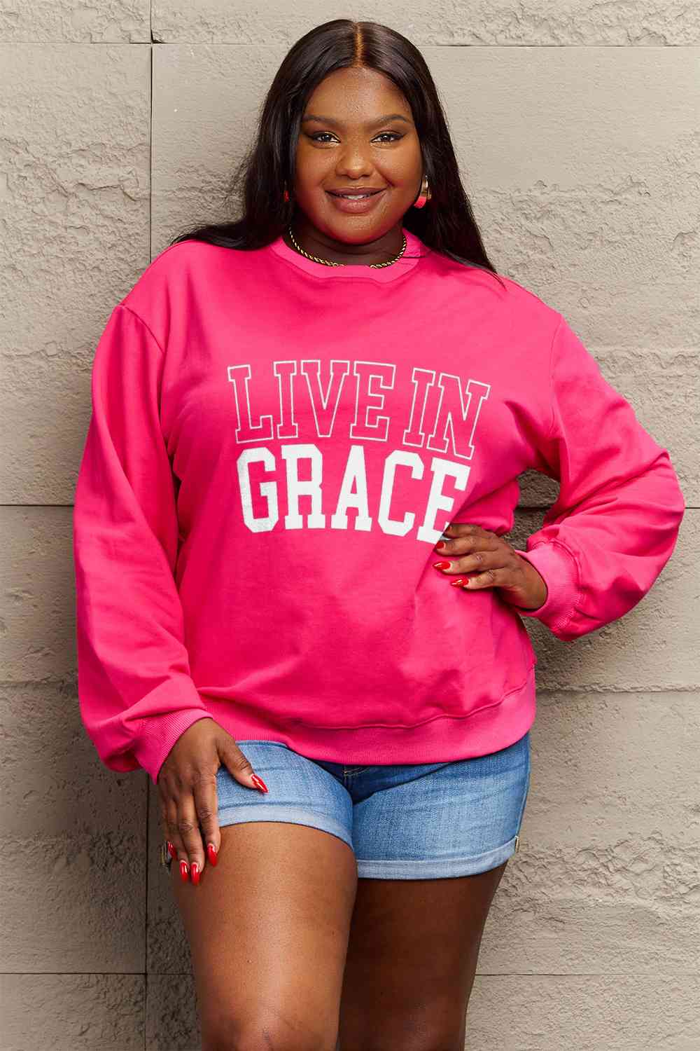 Simply Love Full Size LIVE IN GRACE Graphic Sweatshirt BLUE ZONE PLANET