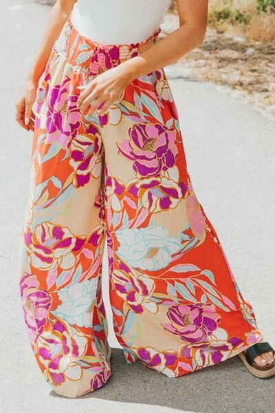Blue Zone Planet |  Floral Smocked Wide Waistband Palazzo Pants BLUE ZONE PLANET