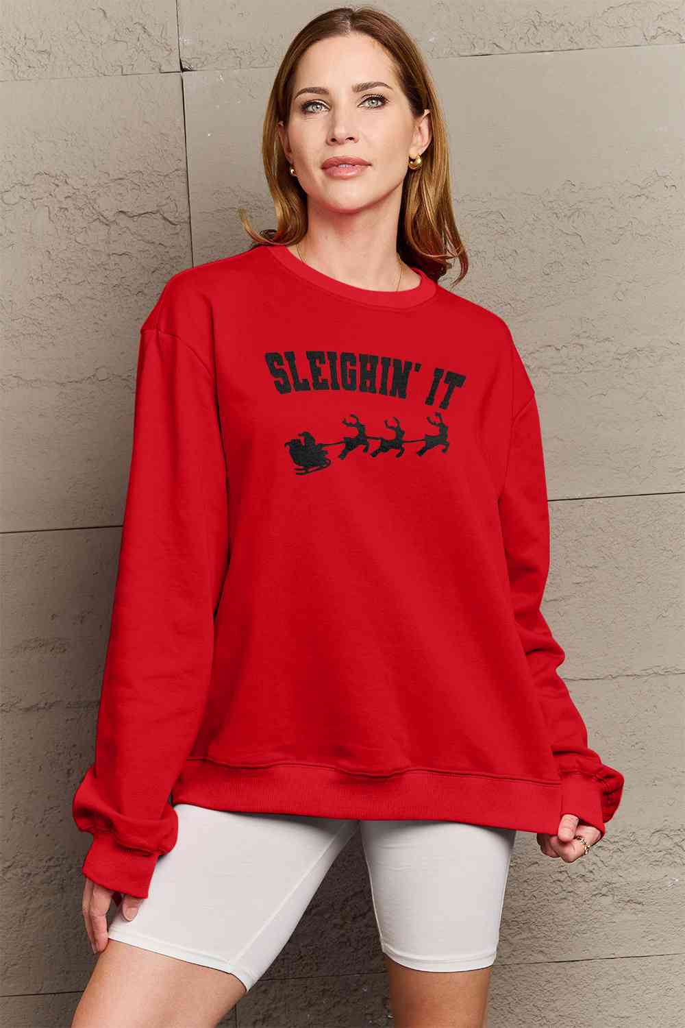 Simply Love Full Size SLEIGHIN' IT Graphic Sweatshirt BLUE ZONE PLANET