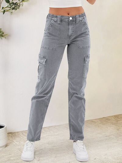 Blue Zone Planet |  Buttoned Straight Jeans with Cargo Pockets BLUE ZONE PLANET